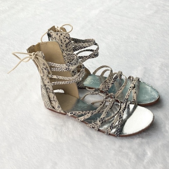 Free People Juliette Wrap Leather Sandals Snakeskin Print Flats Gladiator - Picture 2 of 10